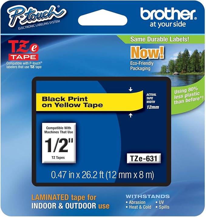 Brother Genuine TZe-631 1/2" Black on Yellow Standard Laminated Tape for P-Touch Labeler, 6 Pack