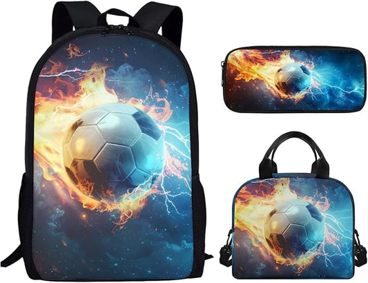 Fire Soccer Elementary Backpack Set for Boys, Large Boys Book Bag Teenage Backpacks for Boys Elementary Middle High School with Lunch Bag Pencil Case, Back to School Supplies, Blue
