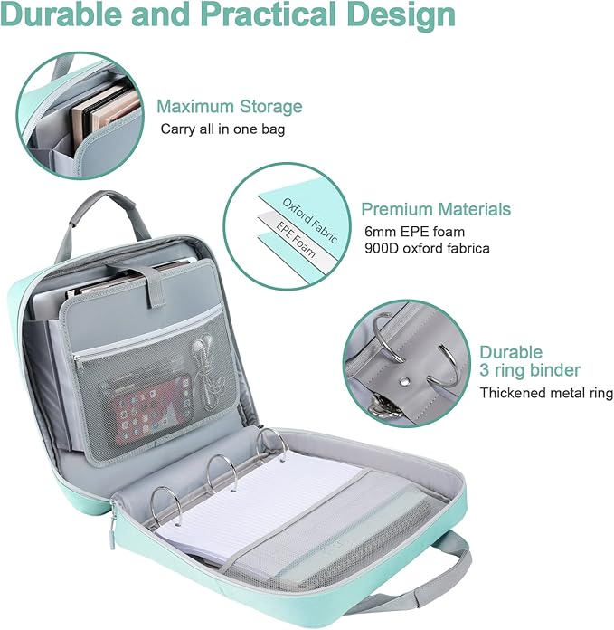 3 Ring Zipper Binder 2 Inch with Shoulder Strap 500 Sheet Capacity & Multi-Pockets for School and Office Binder Organizer, Compatible with 13-Inch MacBook/Tablet (Patent Design Light Blue)