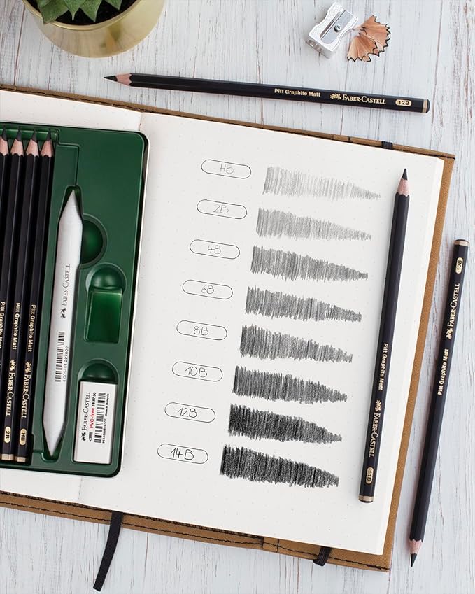 Faber-Castell Pitt Graphite Matte Pencil Set, Sketching Set of 4 Graphite Pencils and Supplies (2B, 6B, 10B, 14B), Sketching and Drawing Pencils, Pencil Sharpener and Eraser
