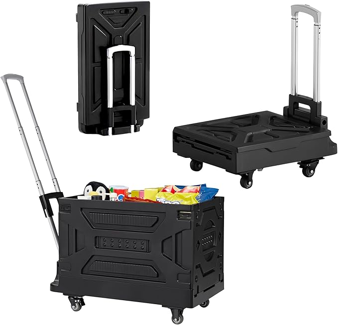 VECELO 23 GAL Modern Rolling Carts with Wheels, Foldable Utility Cart, Light Weight Platform Trucks Dolly, 4 Heavy Duty Wheels, Ideal for Shopping, Camping, Teachers, Elegant Black