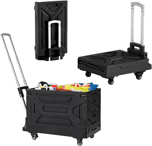 VECELO 23 GAL Modern Rolling Carts with Wheels, Foldable Utility Cart, Light Weight Platform Trucks Dolly, 4 Heavy Duty Wheels, Ideal for Shopping, Camping, Teachers, Elegant Black