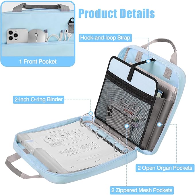 MoKo Zipper Binder, 2 Inch 3 Ring Binder with 500 Sheets Capacity & Shoulder Strap & Handle, Multi-Pocket Zipper Organizer for Middle School, Blue & Gray