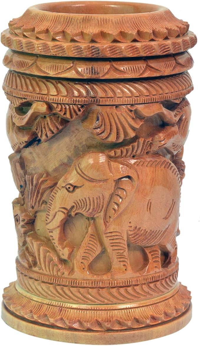 Craft Trade Hand Carved Wood Pen Holder for Desk Organizer for Home School Office Supplies Pencil Cup Pot Storage Box Suitable for Stationery - Camel Brown