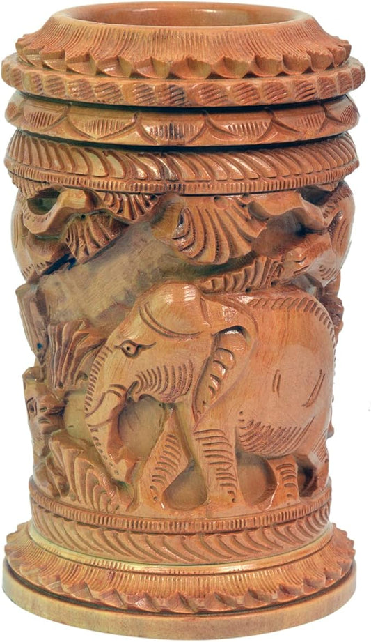 Craft Trade Hand Carved Wood Pen Holder for Desk Organizer for Home School Office Supplies Pencil Cup Pot Storage Box Suitable for Stationery - Camel Brown