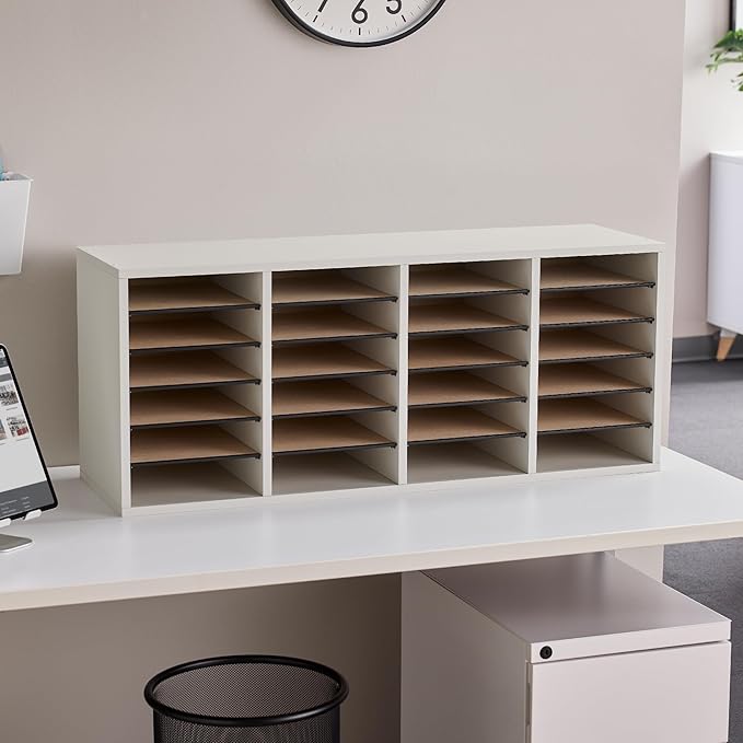 Safco Literature Organizer, 24 Compartments, Office and Classroom Mailbox with Adjustable Shelves, Wood Paper and Mail Sorter, Grey