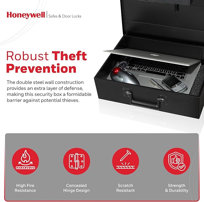Honeywell Safes & Door Locks - Hideable Money Safe Box with Carry Handle - Fire Resistant Safe Document Box for Home - Metal Box with Digital Lock for Personal Items, Jewelry - 0.48-Cu - Black - 6110