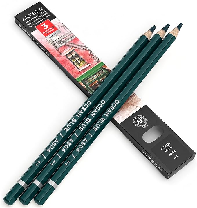Arteza Professional Watercolor Pencils, Pack of 3, A504 Ocean Blue, Water-Soluble Pencils for Coloring, Blending, Layering & Watercolor Techniques