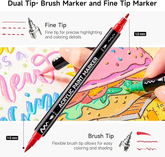 Shuttle Art 60 Colors Dual Tip Acrylic Paint Markers, Brush Tip and Fine Tip Acrylic Paint Pens for Rock, Ceramic, Wood, Canvas, Plastic, Glass, Stone, Calligraphy, Card Making, Crafts & Nail Art