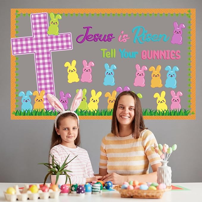 Pajean Easter Bulletin Boards Easter Classroom Decor Christian Religious Bulletin Board He is Risen Cross Bunny Egg Cutouts for Spring School Home Church Wall Door (Rabbit)