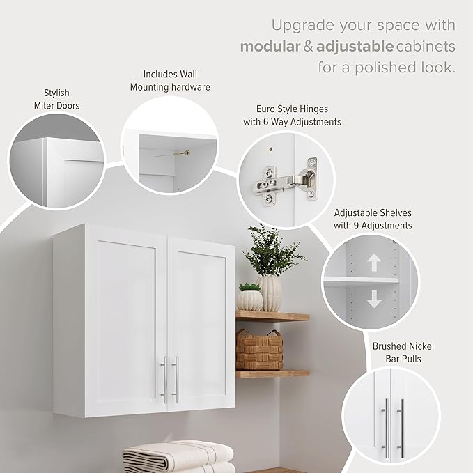 Prepac Elite 32'' Bathroom Wall Cabinet with Panel Doors, Wood Kitchen Pantry Cabinet, Wall Hanging Laundry Room Cupboard with 1 Adjustable Shelf for Kitchen, Laundry Room and Bathroom, White