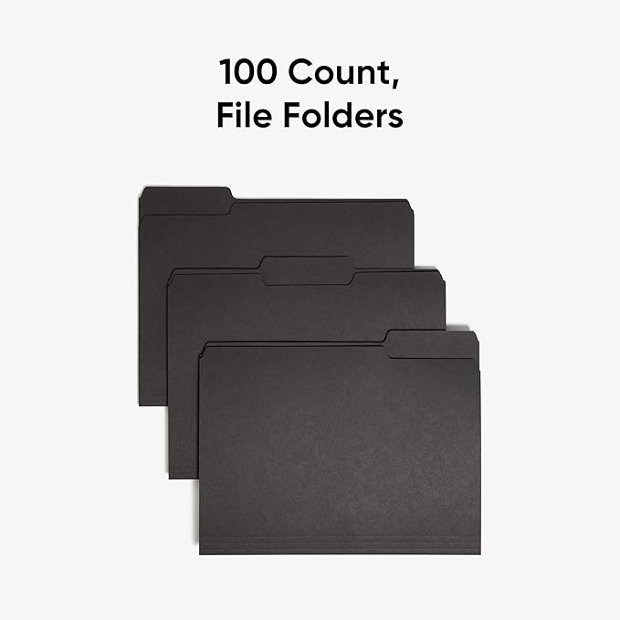 Smead Interior File Folder, 1/3-Cut Tab, Letter Size, Black, 100 per Box, Expandable File Folders for Filing Cabinet (Pack of 5)