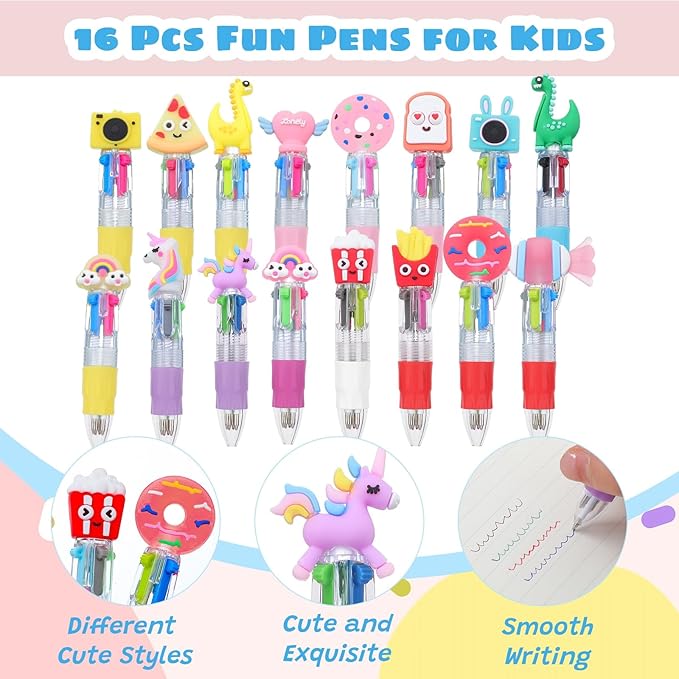 BESARME 16 Pcs Fun Pens for Kids, Multicolor Pens in One Valentines Classroom Gifts for Students 4-in-1 Cute Pen Bulk for Birthday Party Favors