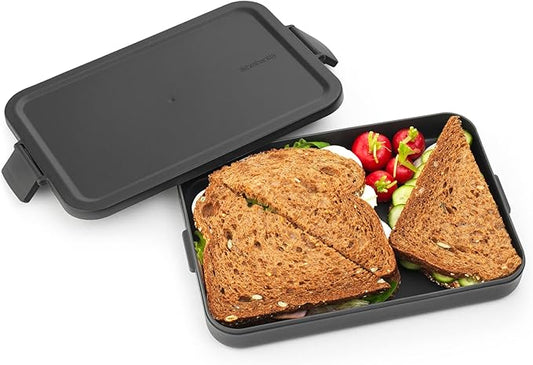 Brabantia Make & Take Flat Lunch Box (Dark Gray) Convenient Size for Bags, BPA-Free, Airtight Snap Locks, Microwave & Freezer Safe, Travel Meal Prep Container