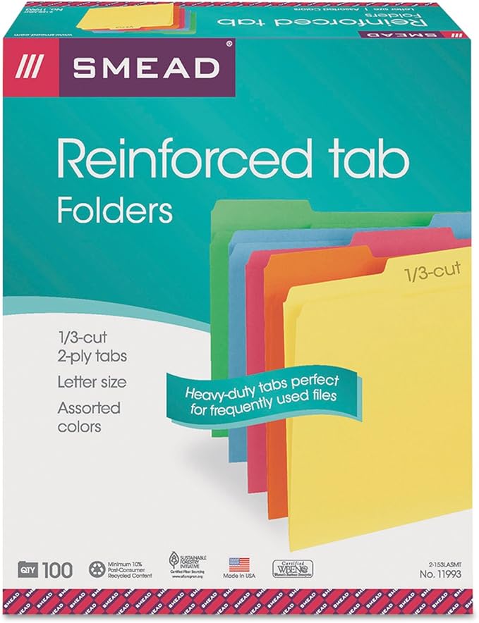 Smead File Folder, Reinforced 1/3-Cut Tab, Letter Size, Assorted Colors, 100 per Box (11993)