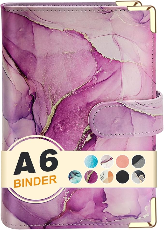 A6 Refillable 6 Ring Faux Leather Budget Binder,Mini Notebook Binder Cover for A6 Filler Paper,Loose Leaf Personal Planner Cover with Magnetic Buckle Closure (Marble Purple)