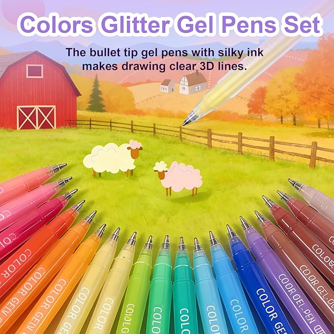 36 Colored Gel Pens Set, Glitter Gel Pens for Adult Coloring Books, No Bleed Through Acrylic Paint Markers, Medium Point Art Colored Pens Kit for Drawing, Sketching