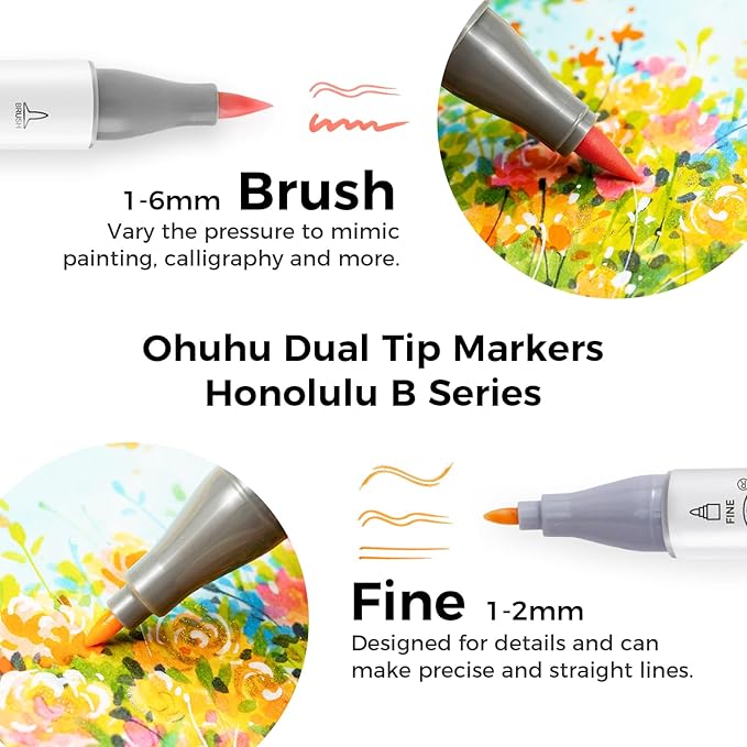 Ohuhu Alcohol Brush Markers 48 Mid-tone Colors - AP Certificated Double Tipped Alcohol Based Art Marker Set for Artist Adults Coloring Illustration - Honolulu B Brush & Fine Dual Tips - Refillable