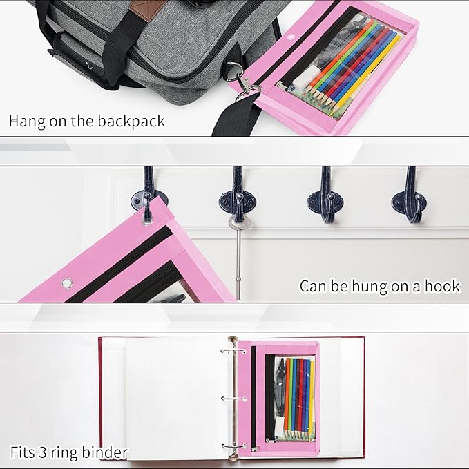 YoeeJob 6 Pack 1 Inch Expandable Zipper Pencil Pouches with Clear Window for 3 Ring Binder, Suitable for School & Office（Pink）