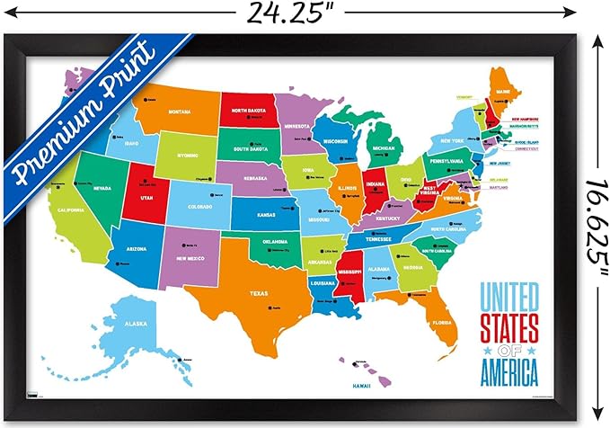 Trends International Map - United States Of America 2022 Wall Poster, 14.725" x 22.375", Black Framed Version