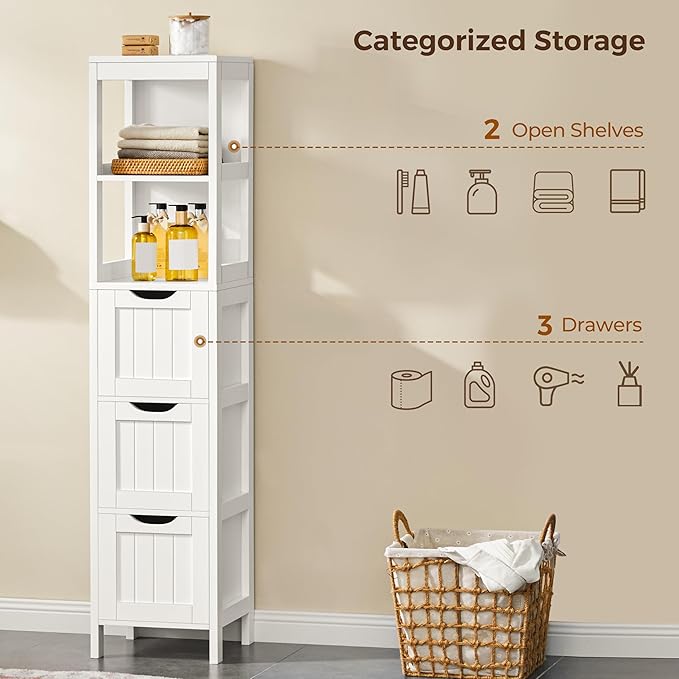 Yaheetech Bathroom Tall Cabinet, Slim Storage Cabinet, Narrow Freestanding Floor Cabinet with 3 Drawers & 2 Shelves, Linen Tower for Small Space, 12" D x 12" W x 56" H, White