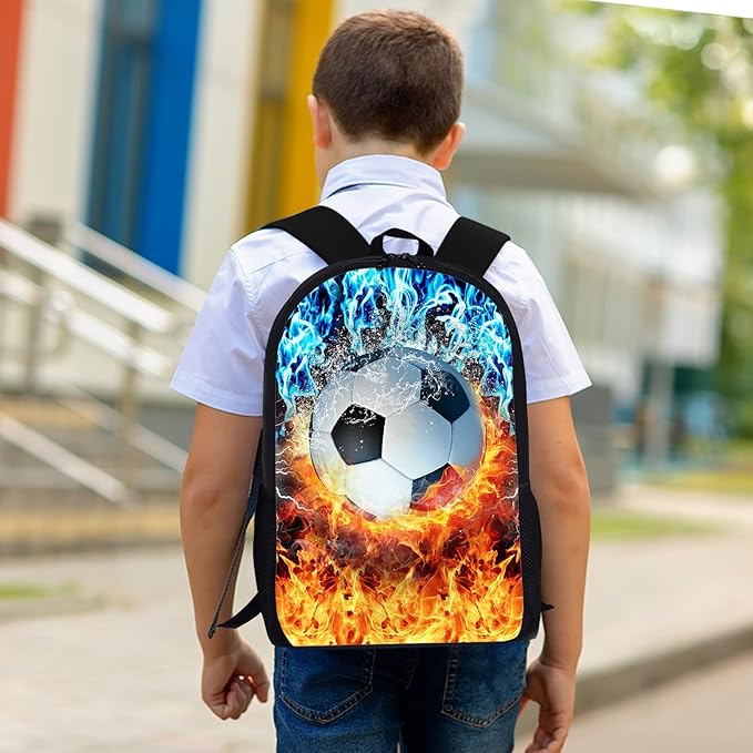 3PCS Soccer Backpack Set for Boys, Lightweight Large Backpack with Lunch Box & Pencil Case, Cool Sport Bookbag for Kids, Back to School Backpacks for Elementary & Middle School - 01