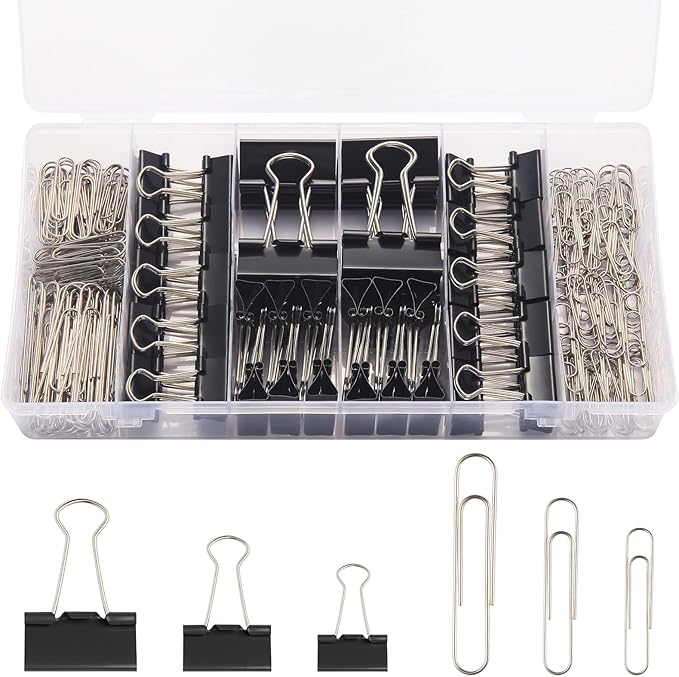 240PCS Black Assorted Size Paper Clips and Binder Clips, Paperclips Large Medium Small, Binder Clip and Paper Clip Set for Home, School, and Office Supplies in a Container with Compartments