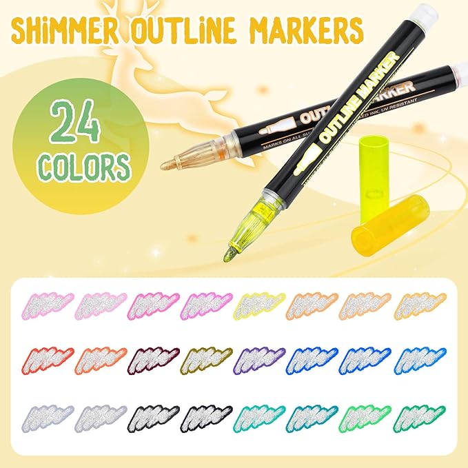 24Colors Outline Glitter Markers, Coloring Gel Pens for Stocking Stuffers, Colored Drawing Pens for Christmas Gifts, Glitter Gel Pens Shimmer Markers for Art Supplies