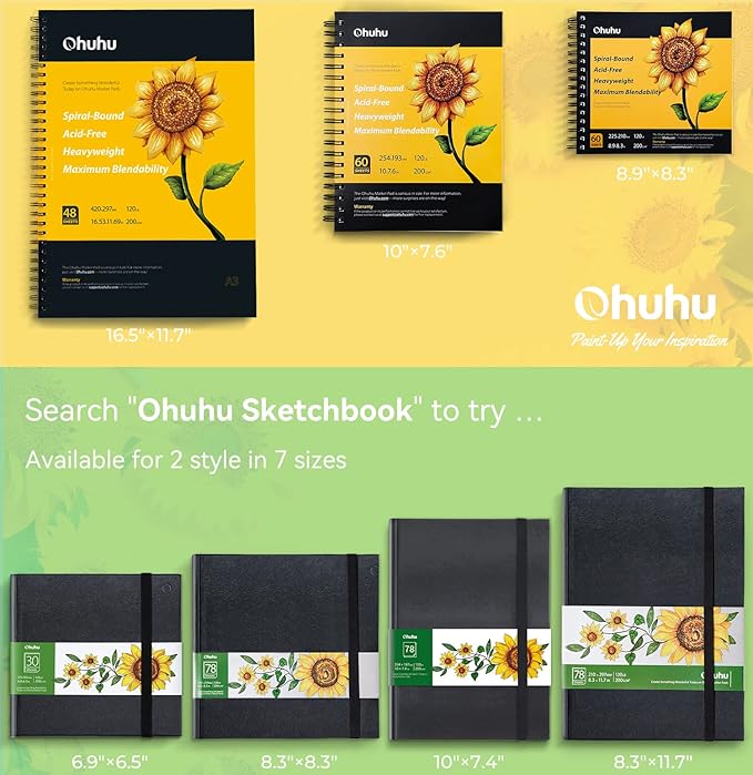 Marker Pads Art Sketchbook, Ohuhu 120LB/200GSM Heavy Smooth Drawing Papers, 30 Sheets/60 Pages, Hardcover Sketch Book, Specially Designed for Alcohol Markers (6.9" x 6.5")