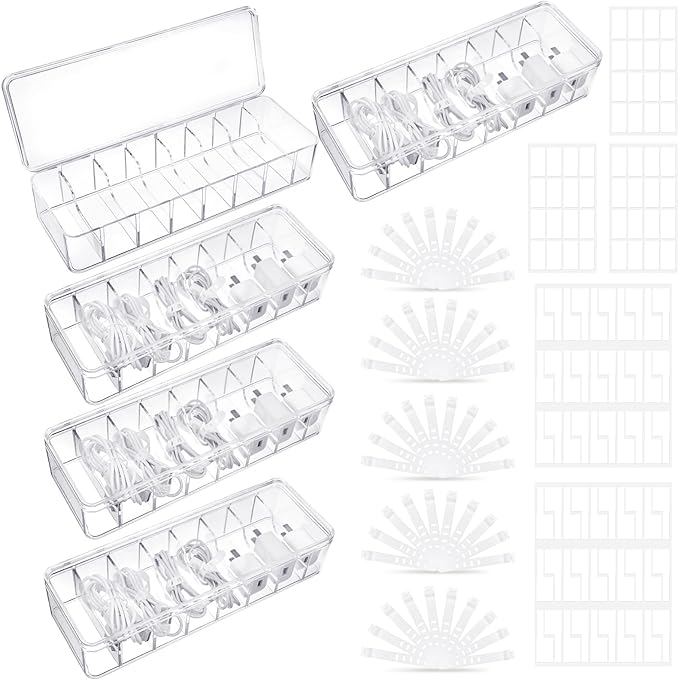Cable Organizer Box with Lid, 5 Pcs Clear Cord Storage Organizer with 50 Cable Ties 108 Cable Labels, Charger Organizer for Office Desk Drawer Organizers and Accessories