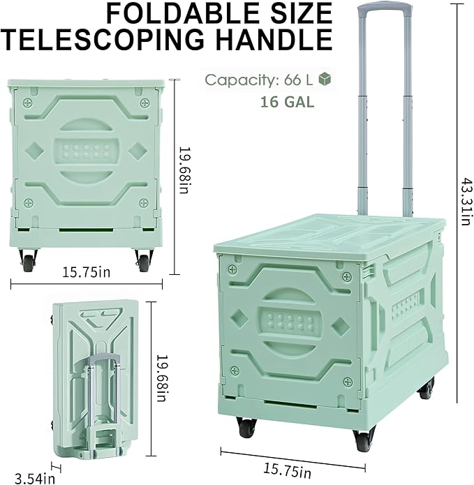VECELO Foldable Utility Cart with Wheels - Heavy Duty Collapsible Rolling Cart for Shopping, Travel, Office & Home - Portable Luggage Cart with Telescoping Handle, Green