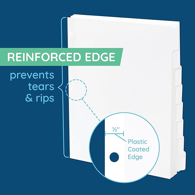 Blue Summit 3 Ring Binder Dividers with Tabs, Reinforced Edge, 1/8 Cut, Letter Size, 8 Tab Dividers for 3 Ring Binder Bulk, White, 12 Sets, 96 Pack