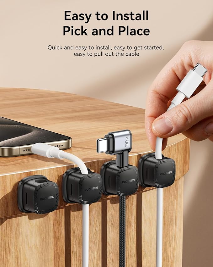 30-Pack Magnetic Cable Clips Cord Organizer,Cable Straps Smooth Adjustable,Rocoren Cable Management Accessories,Cable Holder Clips Wire Holder Keeper for Desktop,Nightstand,Home Office,Workspace,Phone