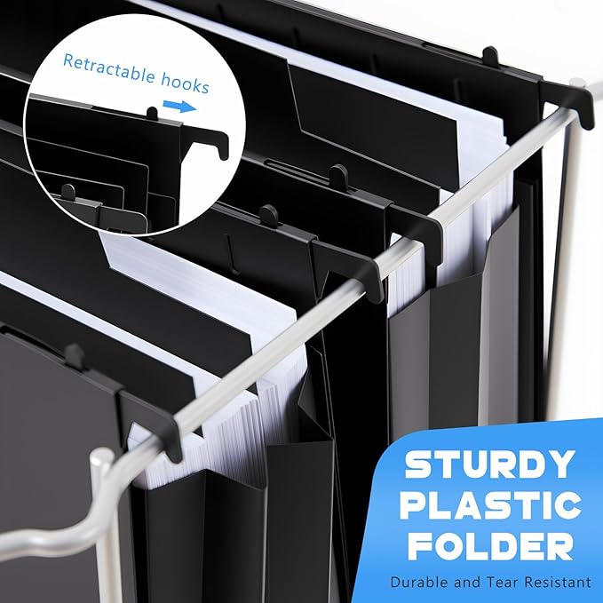 10 Pcs Plastic Extra Capacity Hanging File Folders, 5 Inch Expanding Pocket with Movable Dividers, Letter Size Black File Folders with Insertable Tabs for Filing Cabinet