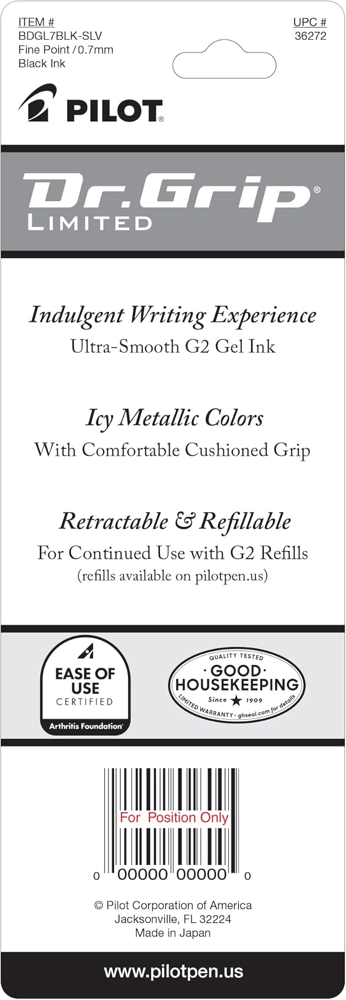 PILOT Dr. Grip Limited Refillable & Retractable Gel Pen, Fine Point, Black Ink, Single Pen - Ideal for School, Journaling & Office Writing