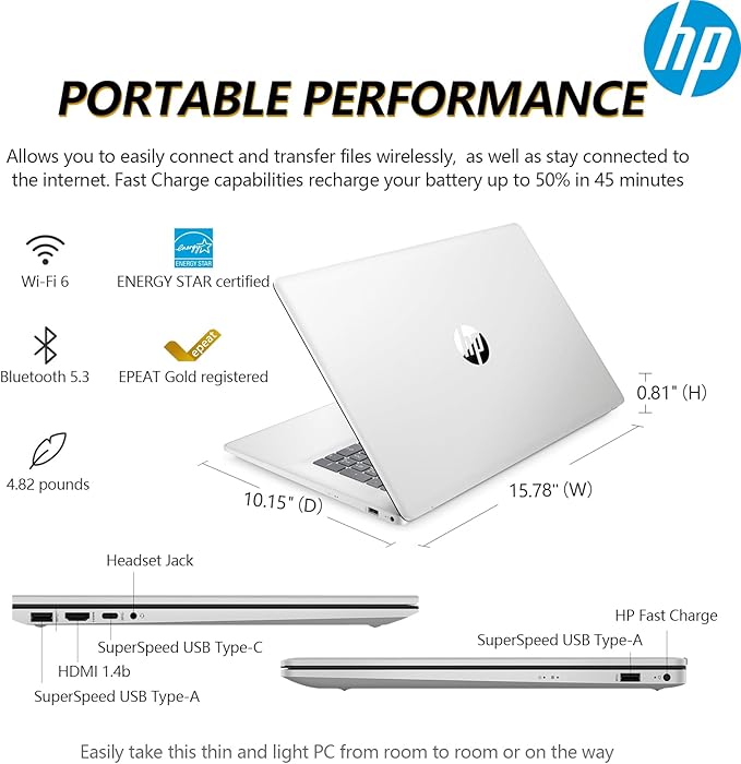 HP 17.3" Touchscreen Laptop PC Computer, 17 Inch HD+ Touch Screen Business Laptop Notebook, Windows 11 Pro, AMD Ryzen 5 (6-Cores), 64GB RAM 1TB SSD, 10-Key Number Pad, Copilot Key