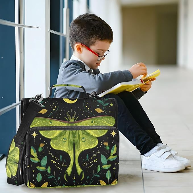 3 Ring Zipper Binder with Shoulder Strap Mystical Green Moon Moth Boho 1.5 inch Binders Keeper Large Capacity Multi Pockets for School Office Supplies