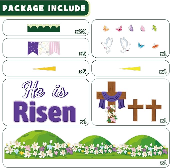 Easter Spring Bulletin Board Decorations Set, He is Risen Floral Cross Classroom Decoration Butterflies Lily Cutouts Christian Jesus Library Sunday School Window Wall Decor for Teacher(He is Risen)