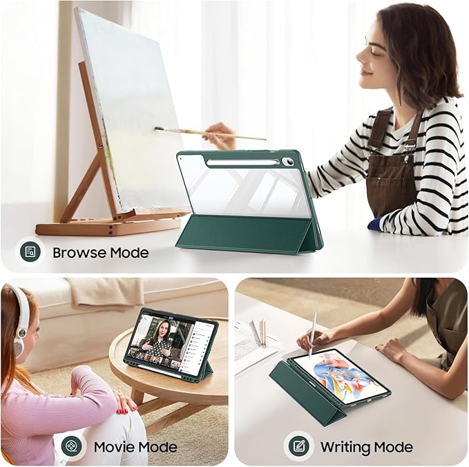 Fintie Hybrid Slim Case for Samsung Galaxy Tab S10 Lite/ S10 FE/ S9 FE 10.9 Inch/Tab S9 11 Inch with S Pen Holder, Shockproof Cover with Clear Transparent Back Shell, Auto Wake/Sleep, Midnight Green