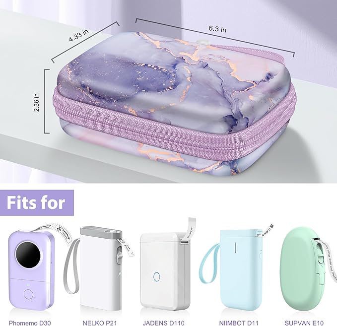 FINTIE Label Maker Case Compatible with Phomemo D30 D35, NELKO P21, SUPVAN E10, NIIMBOT D11 D110, JADENS D110, ORGSTA S001 - Portable Shockproof Hard Shell Label Printer Carrying Cover (Lilac Marble)