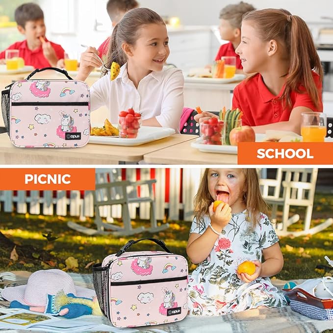 opux Insulated Lunch Bag Kids, Lunch Box for School Boy Girl, Leakproof Small Reusable Compact Soft Mini Cooler Bag, Toddler Small Lunch Boxes Kit Pail with Front Side Pockets (Pink Unicorn)
