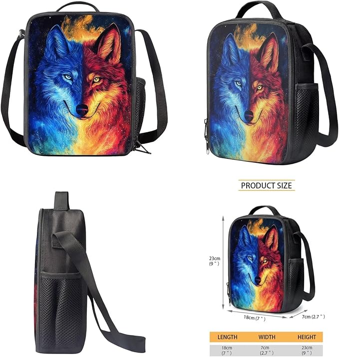 CLOHOMIN Fire Wolf Kids Bookbag with Lunch Box 6th Grade Cool Backpack and Lunch Bag Set for Boys Girls 12-14 Years Old Elementary School Schoolbags Set with Lunch Tote Pencil Case, 3 in 1