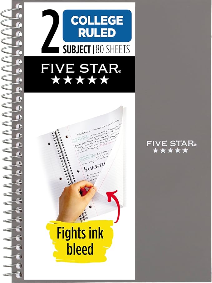 Five Star Spiral Notebook, 2 Subject, College Ruled Paper, 6" x 9-1/2", 80 Sheets, Fights Ink Bleed, Water Resistant Cover, Gray (840029AA3-ECM)