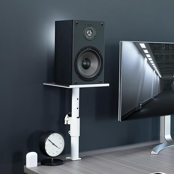 VIVO Clamp-on Speaker Stand Desk Mount Set, 10 x 9 inch Trays, Height Adjustment and Tilt, Universal Audio Holders for Computer and Bookshelf Speakers, Elevated Sound, 2 Pack, White, MOUNT-SP01CW