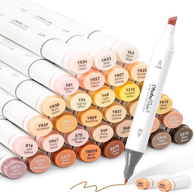Ohuhu Alcohol Markers 36 Skin-Tone Portrait Colors: AP Certificated Double Tipped Skin Color Marker Set for Artists Adults Coloring Illustration - Oahu of Ohuhu Markers Chisel and Fine - Refillable