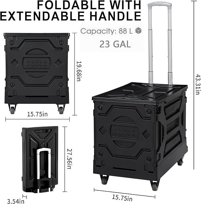 VECELO Foldable Shopping Cart with Wheels, Collapsible Rolling Crate for Groceries, Folding Storage Box with Handle, Three Modes of Use, Ideal for Teacher, Trip, Outdoors, Etc., 16GAL, Black