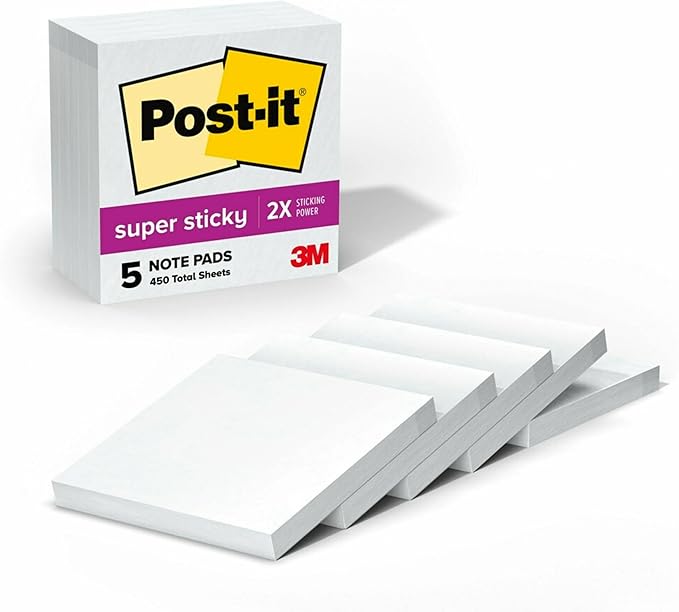 Post-it Super Sticky Notes, 5 Sticky Note Pads, 3 x 3 in., School Supplies, Office Products, for Vertical Surfaces, Monitors, Walls and Windows, First Snow White
