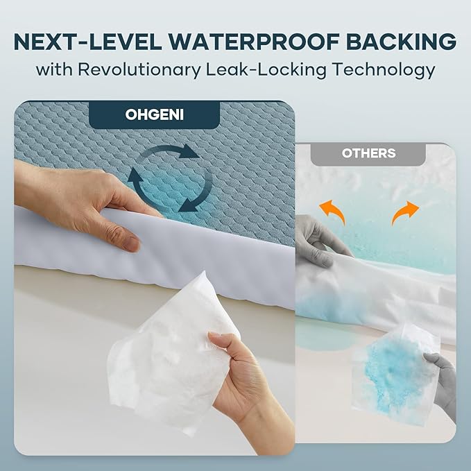 OhGeni 100% Waterproof Mattress Protector,Queen Size Mattress Soft Pad, Bedwetting Resistant,Cooling Breathable Fitted Sheets,Washable Bed Cover,Non-Slip Deep Pocket,Noiseless for Bedroom,Lake Blue