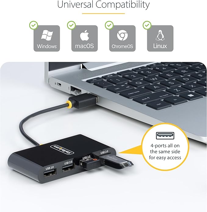 StarTech.com 4-Port USB 2.0 Hub, USB Bus Powered, Small Travel Mini USB Hub, Multi-Port USB 2.0 Splitter, Portable USB Hub