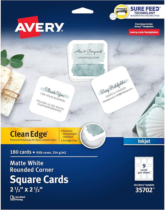 Avery Clean Edge Printable Square Cards with Sure Feed Technology, Rounded Corners, 2.5" x 2.5", Matte White, Inkjet Printer Compatible, 180 Blank Cards Total (35702)